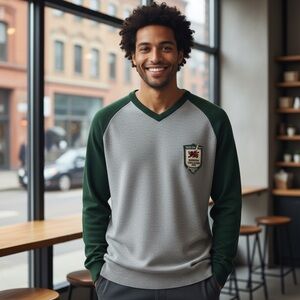 Zara Men's V-Neck Hoodie with Gray‎ and Green Contrast